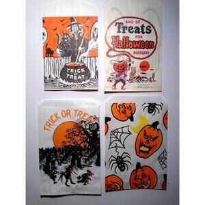 Vintage Halloween Trick Or Treat Candy Bags Cowboy Spider Witch Black Cat Lot 4
